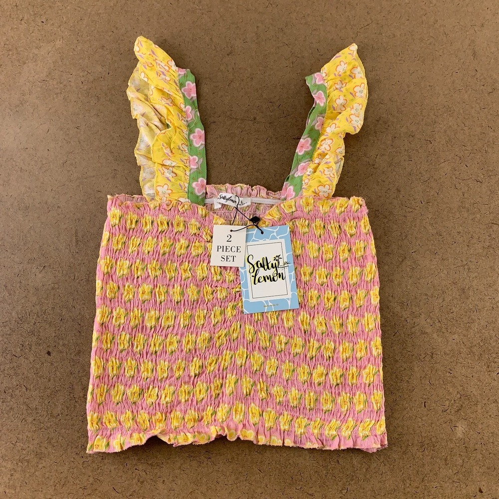 Salty Lemon Women's Large Colorful Floral Smocked Ruffle Trim Cropped Top NWT